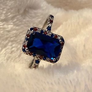 Silvertone red, white and blue stone ring, size 9